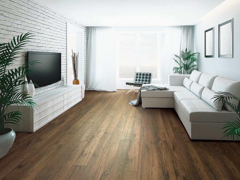 Laminate RevWood flooring in a bright living room