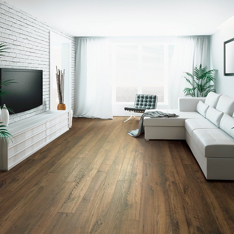 Laminate RevWood flooring in a bright living room