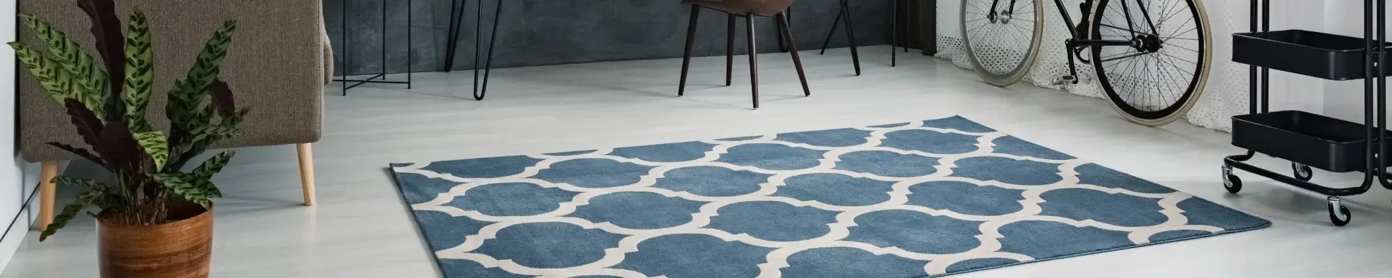 Blue and white area rug in an industrial style office