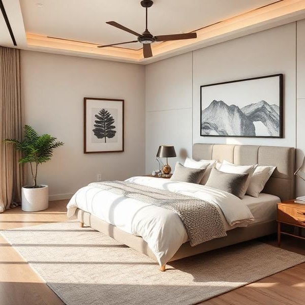 Sunny bedroom with hardwood flooring and an area rug