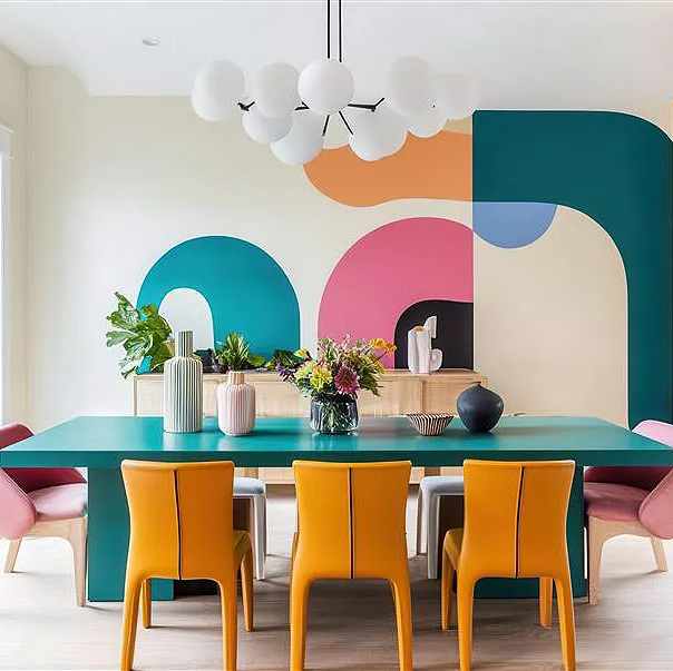 New Retro trendy decor in a colorful dining room