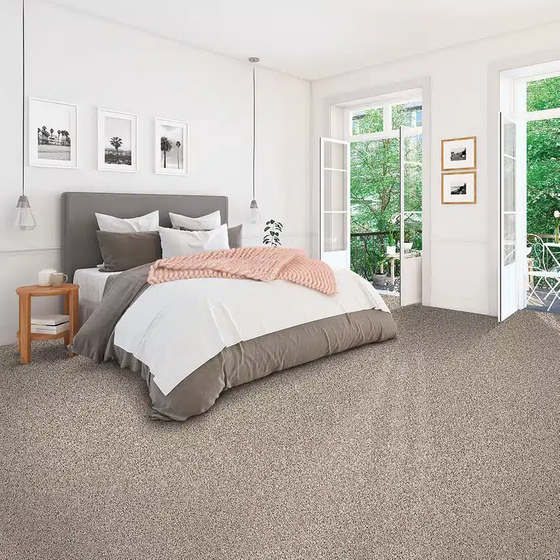 Bright and spacious bedroom with beige carpet flooring