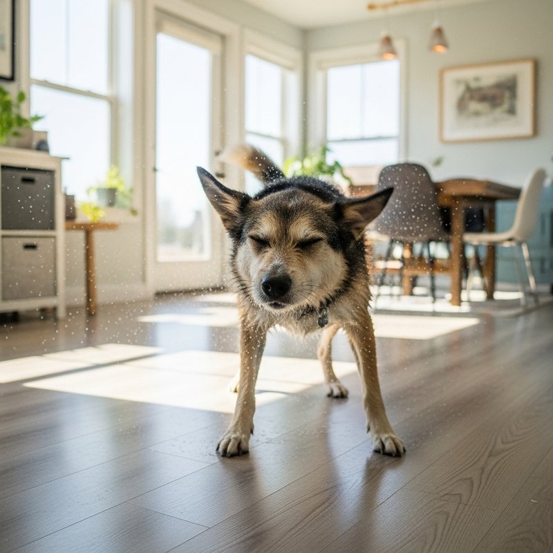 Dog shaking off water on a waterproof LVP floor in a bright dining room