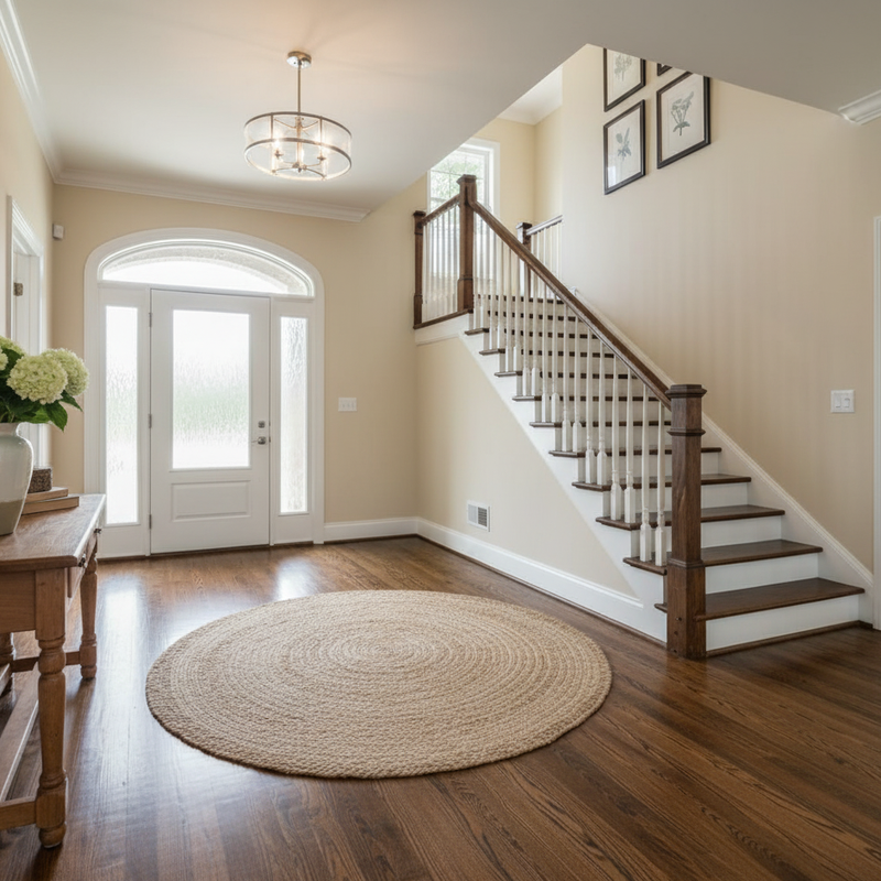 Hardwood flooring and stairs in an home entrance